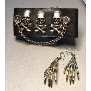 Y2K Skull & Bones Rock Gothic Bracelet Silver Tone Skeleton Hand Earrings Set